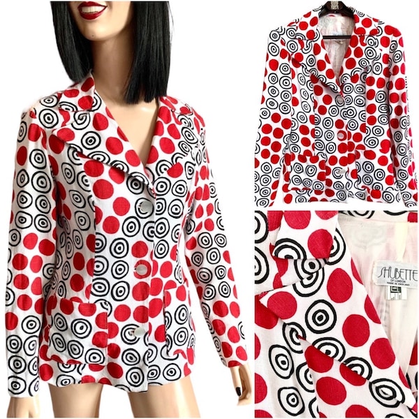 Vintage originele vroege jaren 1970 Shubette jas top grote puntige kraag revers glam rock gewaagd patroon rood zwart wit