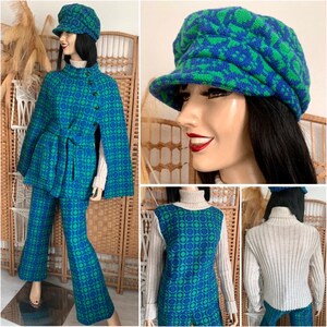 Vintage original 1960s Welsh Tapestry ECLIPSE pattern 100% wool cape belt hat matching top trousers blue green blanket coat cymru mod Wales