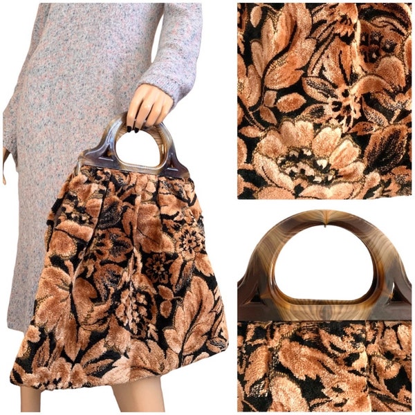 Vintage 1970s plush carpet hand bag plastic lucite moulded handles floral 1960s boho velvet jacquard