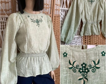 Vintage original 1970's pastel green embroidered peasant folk top blouse hippie 60s 70s smocking bohemian blouse penny lane