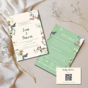 May include: A wedding invitation suite with a floral design. The invitation card is cream with a floral border and the text "You are invited to the wedding of Lena & Marcus 15 May 2015 5 o'clock in the afternoon 123 Anywhere St. www.love.is.real". The details card is green with a floral border and the text "The Details Wedding Reception Celebrate with us after the ceremony with cocktails, dinner, and dancing under the stars. We can't wait to share this special evening with you! Accommodation A block of rooms has been reserved at the Willows Creek Inn and the Cotter Goule Inn. Just mention booking for the Cotter Goule wedding when making your reservation. Order of the Day 5:00 PM 6:30 PM 7:00 PM 8:00 PM 9:00 PM Ceremony Cocktails Dinner Dancing Reception". The RSVP card is cream with a floral border and the text "Kindly RSVP by March 1st" and a QR code.