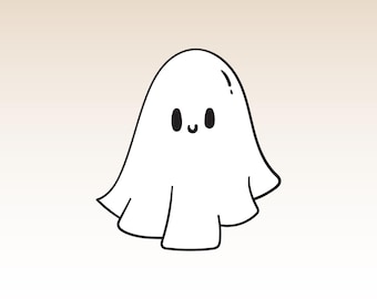May include: A simple, cartoon-style illustration of a white ghost with a friendly expression. The ghost has a rounded body, a small, smiling mouth, and two oval eyes. The design is clean and minimalist, perfect for Halloween-themed products.