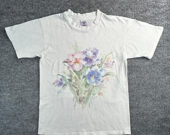 Vintage Single Stitch Anvil Soft As A Grape Floral Watercolor Tee Medium