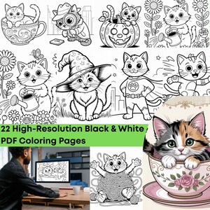 22 Whimsical Cat Coloring Pages: Kawaii Fun Scenes (PDF)