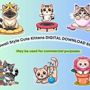 50% OFF! 20 Kawaii Style Kitten Stickers – Cute Cat PNG & JPG Clipart – Commercial Use – Digital Download