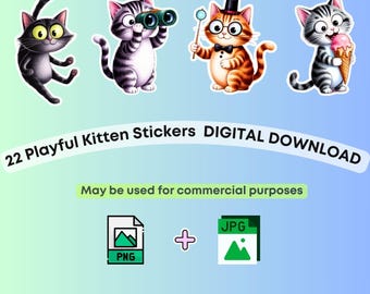 Playful Cartoon Kitten Stickers: Watercolor Kawaii Clipart (Digital Download, PNG & JPG)