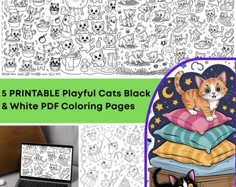 May include: A digital download featuring five printable black and white PDF coloring pages with playful cat illustrations. The image also includes a colorful illustration of a kitten on pillows and a laptop displaying a coloring page.