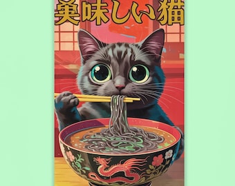Funny Ramen Cat Art Print: Kawaii Kitchen Decor (Digital Download)
