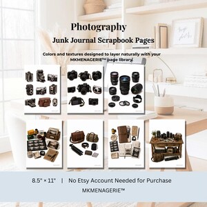 Può includere: Una collezione di pagine per scrapbooking e junk journal a tema fotografico che misurano 21,6 cm per 27,9 cm. I fogli presentano illustrazioni di fotocamere vintage, obiettivi, borse, treppiedi, rullini e attrezzature fotografiche da scrivania.