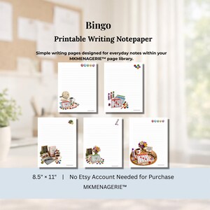 May include: Five sheets of 8.5" x 11" printable writing notepaper featuring Bingo-themed illustrations. Each white page has horizontal lines and colorful graphics including bingo cards, daubers, coffee mugs, and flowers. Text reads Bingo, Printable Writing Notepaper, MKMENAGERIE, and No Etsy Account Needed for Purchase.