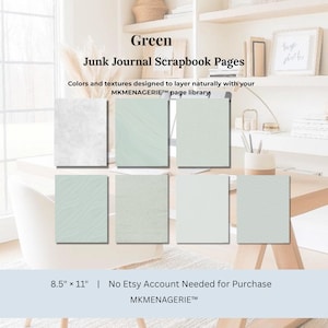 Puede incluir: Ocho páginas de scrapbook en tonos verdes y blancos con diferentes texturas. Las páginas miden 21,6 x 27,9 cm. El texto "Green Junk Journal Scrapbook Pages" se muestra en la parte superior.