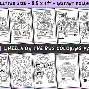 May include: A set of ten black and white colouring pages themed around "Wheels on the Bus." Each page depicts a school bus and related imagery, with text such as "BEEP!" and "OPEN AND SHUT." The pages are sized at 21.6 x 27.9 cm.