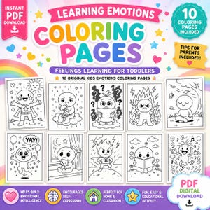 May include: A digital PDF download of "Learning Emotions Coloring Pages" for toddlers. The image features a colorful banner with the title and illustrations of various emotions. Includes 10 coloring pages and tips for parents. The download is an instant PDF.