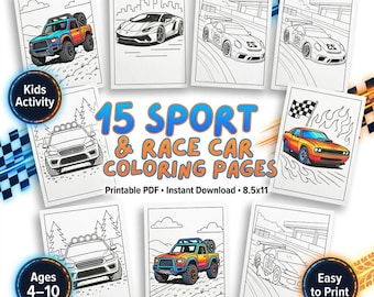 Kids Vehicle Coloring Pages – Race Cars, Sports Cars & Trucks Collection | Instant Digital PDF