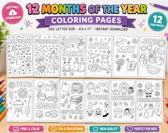 Coloriages pour enfants : Les mois de l’année, 12 calendriers saisonniers à imprimer | Téléchargement PDF