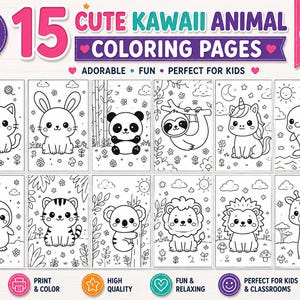Peut inclure: Un ensemble num&eacute;rique de 15 pages de coloriage d'animaux kawaii au format PDF, mesurant 21,59 par 27,94 cm. Le lot comprend des illustrations en noir et blanc repr&eacute;sentant un chat, un lapin, un panda, un paresseux, une licorne, un dauphin, un manchot, un tigre, un koala, un lion, un h&eacute;risson et une girafe.