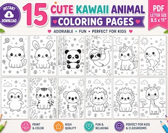 Coloriages d'animaux kawaii pour enfants – 15 modèles à imprimer (téléchargement numérique)