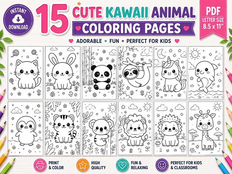 Peut inclure: Un ensemble num&eacute;rique de 15 pages de coloriage d'animaux kawaii au format PDF, mesurant 21,59 par 27,94 cm. Le lot comprend des illustrations en noir et blanc repr&eacute;sentant un chat, un lapin, un panda, un paresseux, une licorne, un dauphin, un manchot, un tigre, un koala, un lion, un h&eacute;risson et une girafe.