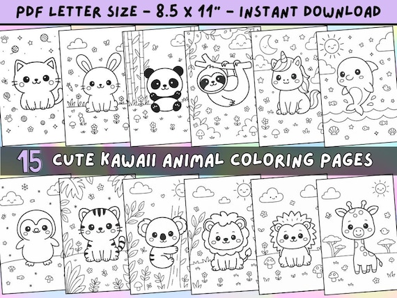 Kawaii Animal Coloring Pages for Kids – 15 Printable Designs (Digital Download)