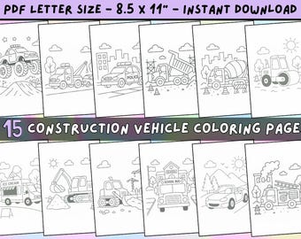 Kids Construction Coloring Pages – 15 Trucks, Cars & Vehicles | Printable Digital PDF