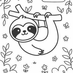 Peut inclure: Une page de coloriage en noir et blanc au trait repr&eacute;sentant un paresseux souriant suspendu &agrave; une branche d'arbre. La sc&egrave;ne comprend un nuage souriant, diverses petites fleurs, des vignes feuillues et deux champignons au sol.