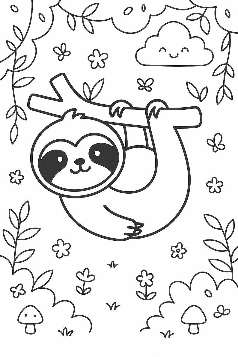 Peut inclure: Une page de coloriage en noir et blanc au trait repr&eacute;sentant un paresseux souriant suspendu &agrave; une branche d'arbre. La sc&egrave;ne comprend un nuage souriant, diverses petites fleurs, des vignes feuillues et deux champignons au sol.