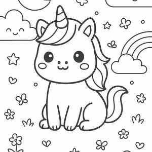 Peut inclure: Une page de coloriage en noir et blanc repr&eacute;sentant une licorne centrale avec une corne, entour&eacute;e d'un croissant de lune souriant, de nuages, d'&eacute;toiles, de c&oelig;urs, de fleurs et de champignons. Le dessin au trait inclut un arc-en-ciel en arri&egrave;re-plan.
