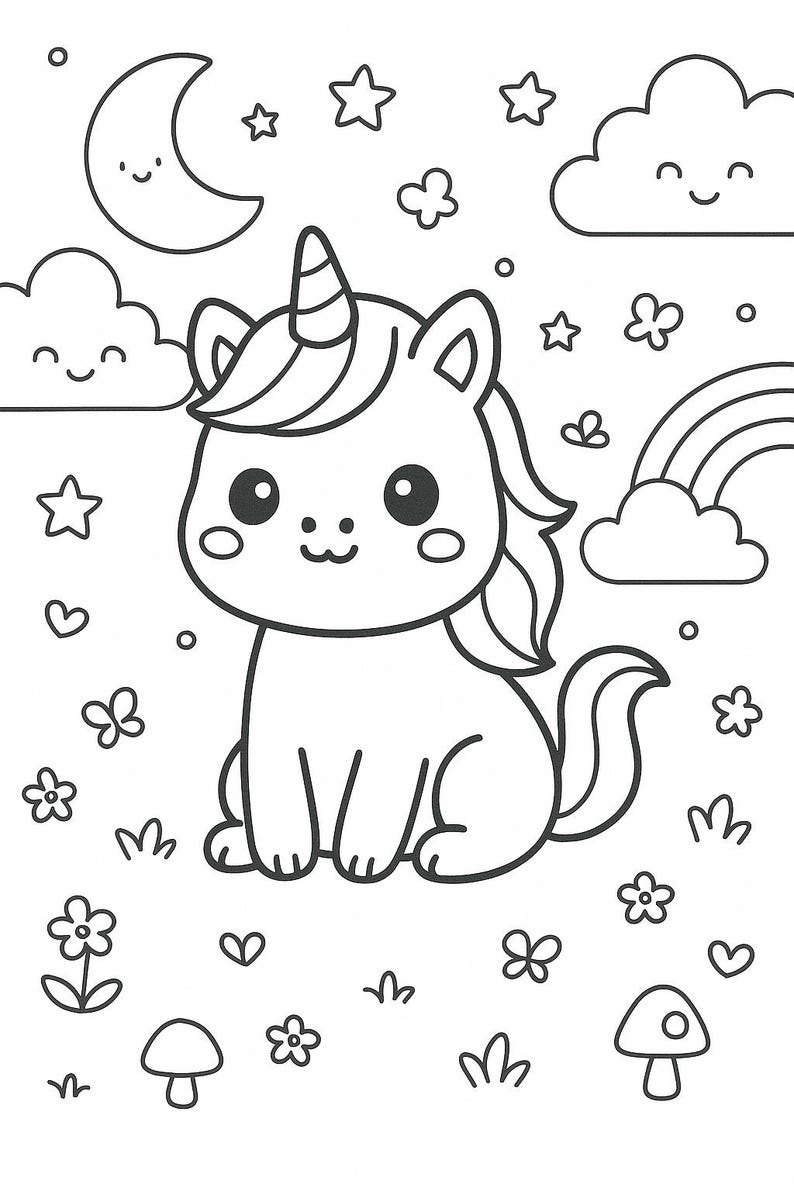 Peut inclure: Une page de coloriage en noir et blanc repr&eacute;sentant une licorne centrale avec une corne, entour&eacute;e d'un croissant de lune souriant, de nuages, d'&eacute;toiles, de c&oelig;urs, de fleurs et de champignons. Le dessin au trait inclut un arc-en-ciel en arri&egrave;re-plan.