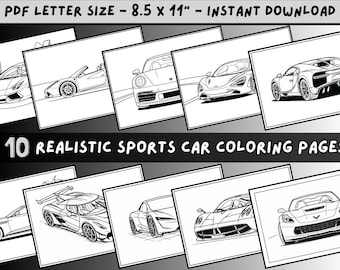 10 Sports Car Coloring Pages: Realistic Automotive Art (instant PDF Download 8.5x11 Landscape)