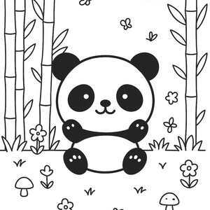 Peut inclure: Une page de coloriage en noir et blanc repr&eacute;sentant un panda assis au centre d'une for&ecirc;t de bambous. La sc&egrave;ne comprend un nuage souriant, plusieurs petites fleurs et des champignons &eacute;parpill&eacute;s sur le sol. Les lignes sont nettes et &eacute;paisses.