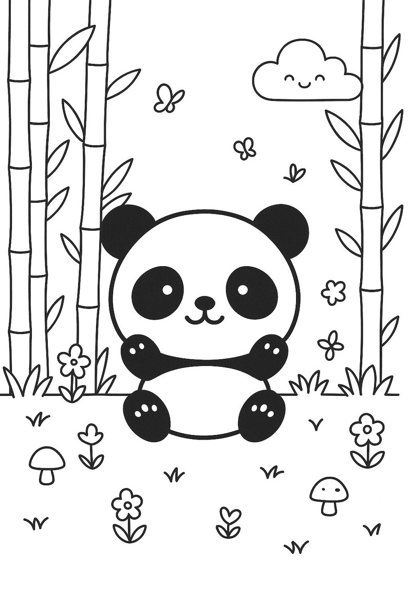 Peut inclure: Une page de coloriage en noir et blanc repr&eacute;sentant un panda assis au centre d'une for&ecirc;t de bambous. La sc&egrave;ne comprend un nuage souriant, plusieurs petites fleurs et des champignons &eacute;parpill&eacute;s sur le sol. Les lignes sont nettes et &eacute;paisses.