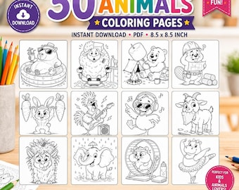 30 pages de coloriage d'animaux amusants pour enfants, téléchargement instantané (PDF)