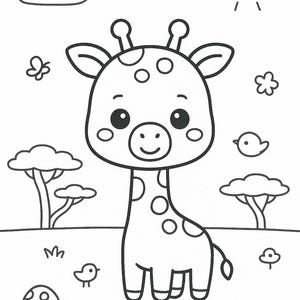 Peut inclure: Une page de coloriage en noir et blanc au trait repr&eacute;sentant une girafe de dessin anim&eacute; dans un paysage. La sc&egrave;ne comprend un soleil souriant, un nuage, deux petits oiseaux, deux arbres, un champignon et plusieurs petites fleurs.