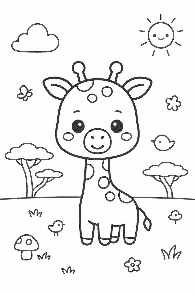 Peut inclure: Une page de coloriage en noir et blanc au trait repr&eacute;sentant une girafe de dessin anim&eacute; dans un paysage. La sc&egrave;ne comprend un soleil souriant, un nuage, deux petits oiseaux, deux arbres, un champignon et plusieurs petites fleurs.