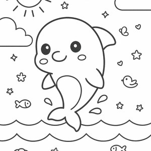 Peut inclure: Une page de coloriage en noir et blanc au trait repr&eacute;sentant un dauphin souriant sautant hors de l'eau. La sc&egrave;ne comprend un soleil avec un visage, des nuages, des &eacute;toiles, des c&oelig;urs, un petit oiseau, des poissons et des coquillages.