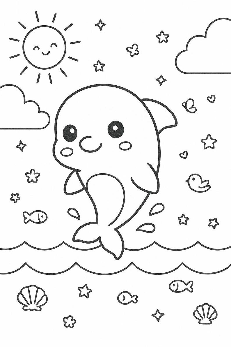 Peut inclure: Une page de coloriage en noir et blanc au trait repr&eacute;sentant un dauphin souriant sautant hors de l'eau. La sc&egrave;ne comprend un soleil avec un visage, des nuages, des &eacute;toiles, des c&oelig;urs, un petit oiseau, des poissons et des coquillages.
