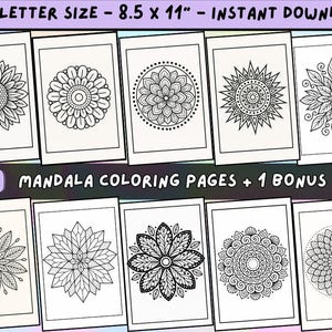 10 Mandala Coloring Pages:  Mandala Sunflower, Lotus, Geometric Designs (instant PDF Download)