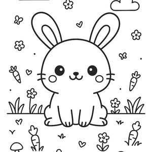 Peut inclure: Une page de coloriage en noir et blanc repr&eacute;sentant un lapin de dessin anim&eacute; central avec de grandes oreilles et des yeux ronds. La sc&egrave;ne comprend des carottes, des petites fleurs, des champignons, des c&oelig;urs et des nuages en arri&egrave;re-plan.