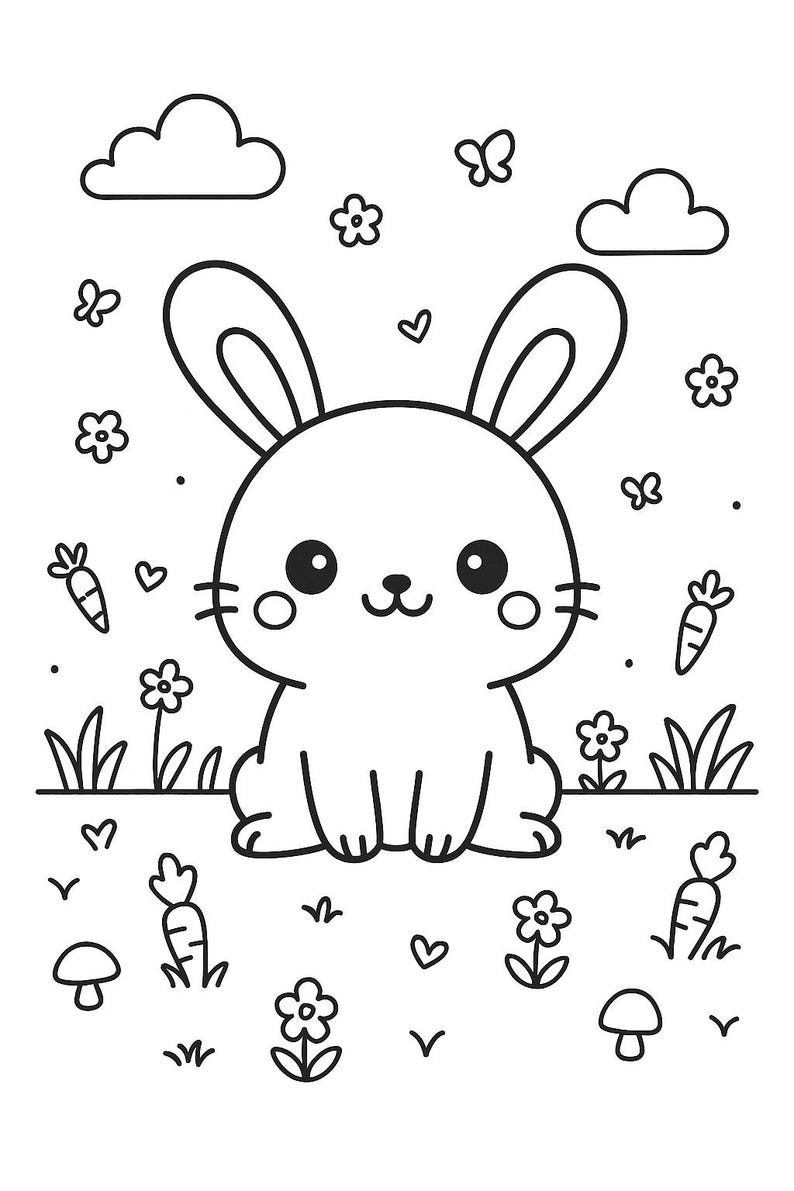 Peut inclure: Une page de coloriage en noir et blanc repr&eacute;sentant un lapin de dessin anim&eacute; central avec de grandes oreilles et des yeux ronds. La sc&egrave;ne comprend des carottes, des petites fleurs, des champignons, des c&oelig;urs et des nuages en arri&egrave;re-plan.