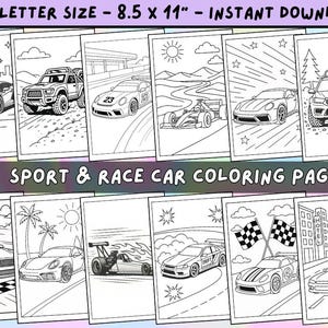 Cool Sport & Race Car Coloring Pages for Kids | 8.5x11 Printable PDF | Digital Download