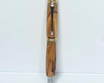 Fancy Authentic Bethlehem Olive Wood Rollerball Pen with 22k Gold and Chrome Finishes