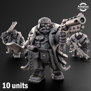 May include: Three grey miniature figurines of armoured characters, each holding a weapon. The central figure holds a large pistol, while the others have a rifle and a sword. The text "10 units" is at the bottom.