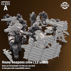 Könnte beinhalten: Eine Gruppe von zwölf unbemalten Miniaturfiguren, die eine schwere Waffengruppe darstellen. Die Figuren befinden sich in verschiedenen Actionposen mit detaillierter Rüstung und Ausrüstung. Der Text "Heavy weapons crew (12 units)" ist sichtbar.
