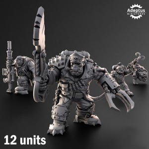 Op de afbeelding: Grijze Adeptus Miniatures Orc-figuren in verschillende poses, gewapend met wapens. De figuren zijn gedetailleerd, met een militair thema. De tekst "12 units" staat onderaan.