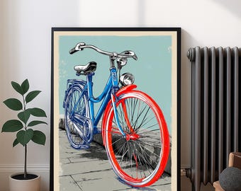Colorful Retro Bicycle Poster, Vintage Wall Art Print, Digital Download