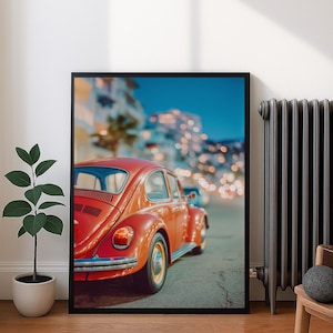 Red VW Bug Wall Art Photography Print, Retro Classic Car Poster (Digital Download)