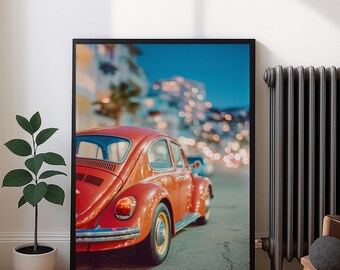 May include: Framed print featuring a vintage red car parked on a city street at dusk. The car has a classic design with rounded features and yellow wheels. The background shows blurred city lights and buildings, creating a nostalgic atmosphere.
