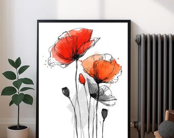 Aquarell Mohnblume Print - Minimalistische botanische Wandkunst (Digitaler Download)