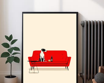 May include: Framed art print featuring a stylized illustration of a dog sitting on a red sofa. A small black table, a bottle, and a glass are also depicted. The artwork has a minimalist design with a cream-colored background.