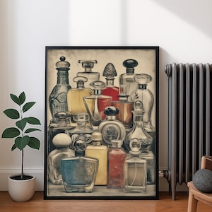 Vintage Perfume Bottles Wall Art Print, Antique Vanity Decor, Retro Glass Bottle Artwork, Large Printable Poster for Gift, Bathroom, Bedroom
